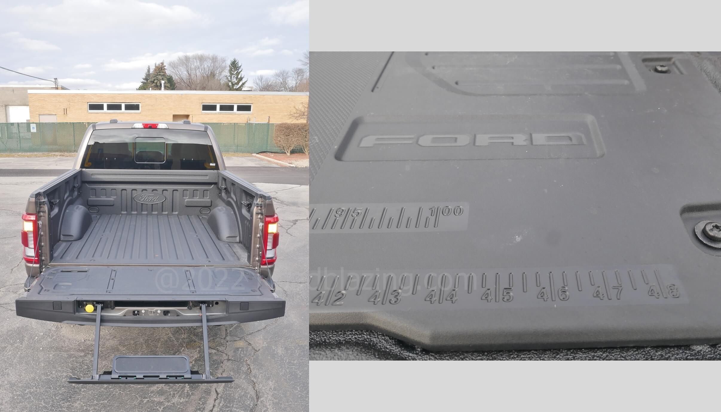 2021 Ford F-150 SuperCrew Tremor 4x4: retracting step up and measuring on the tailgate