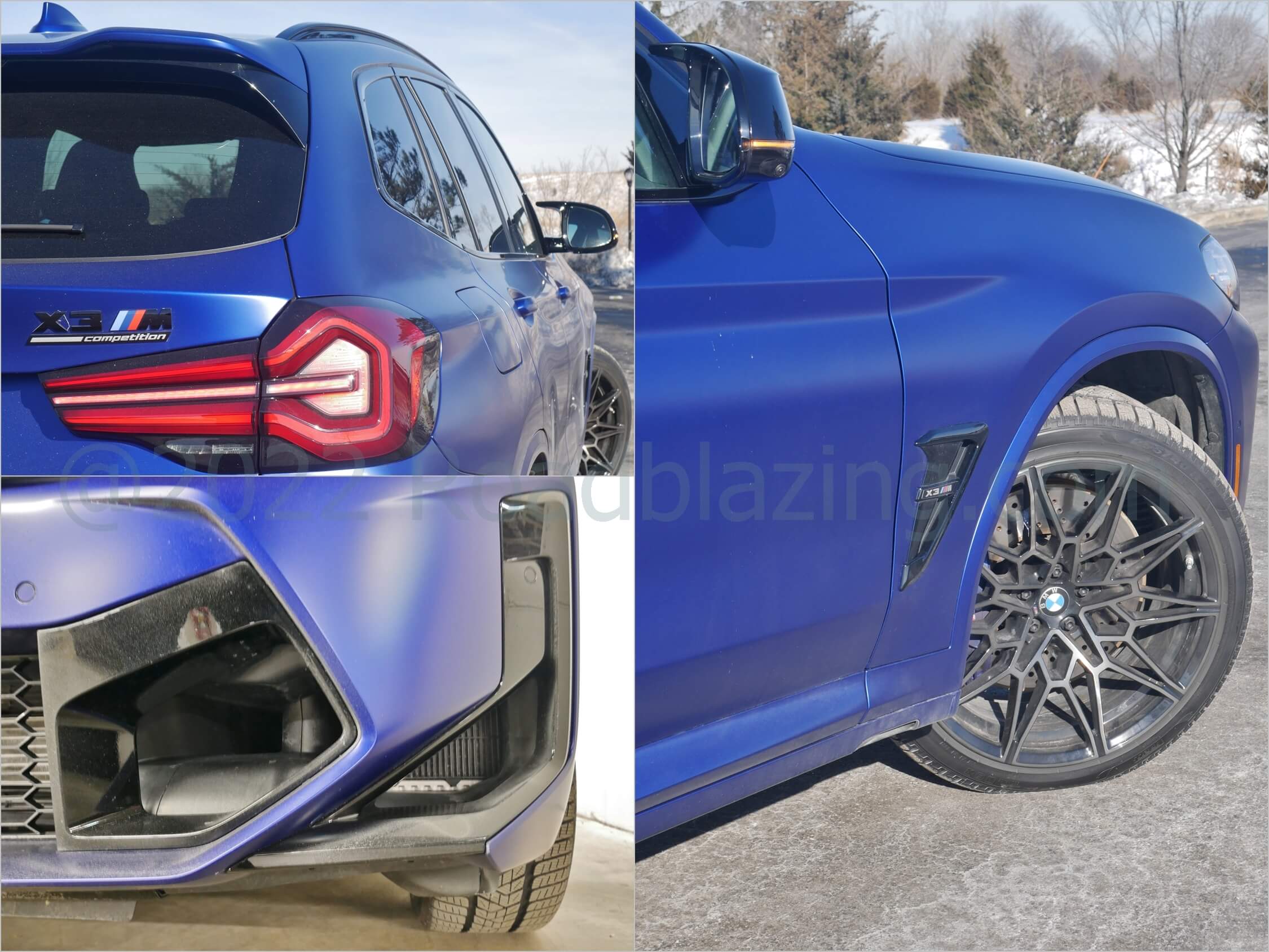 2022 BMW X3 M Competition xDrive: M Competition badging, tandem hinge wing mirrors, fender heat extractors, front lower intake radiators