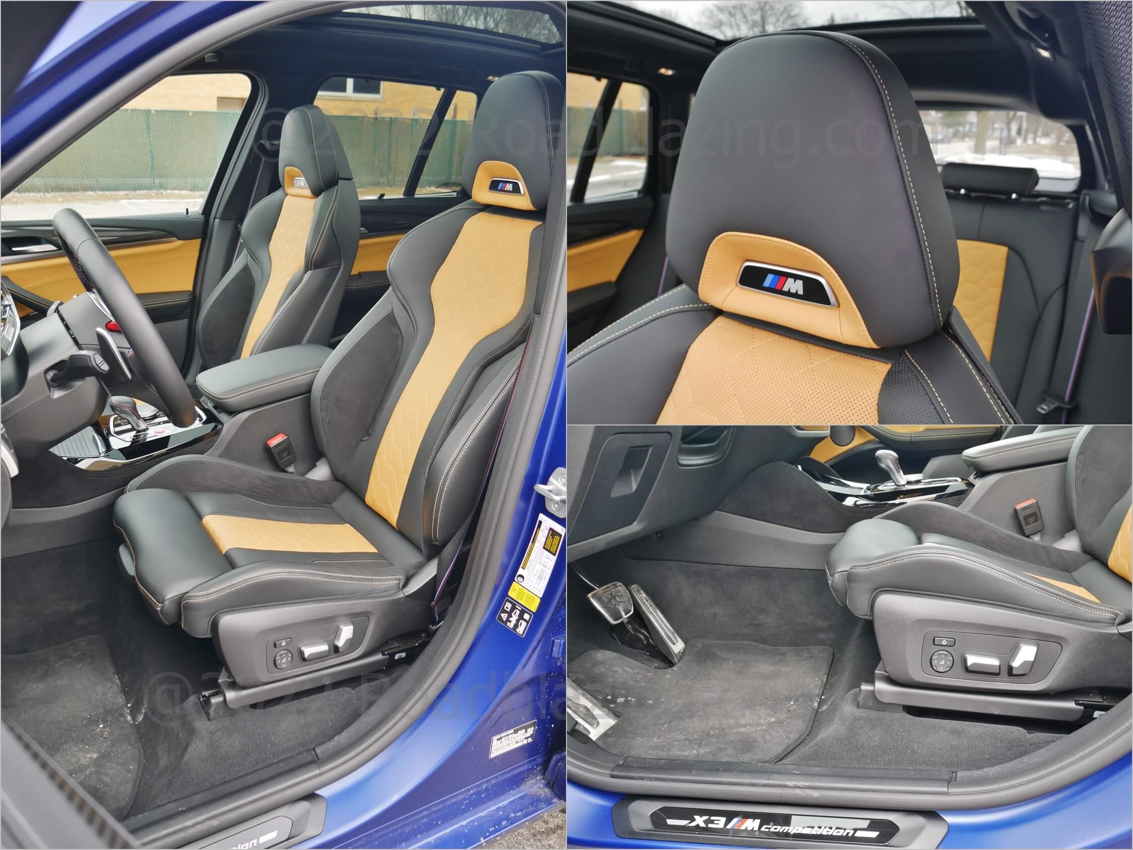 2022 BMW X3 M Competition xDrive: two tone dark Alcantara on seating w/ illuminating M emblems on seats & sills