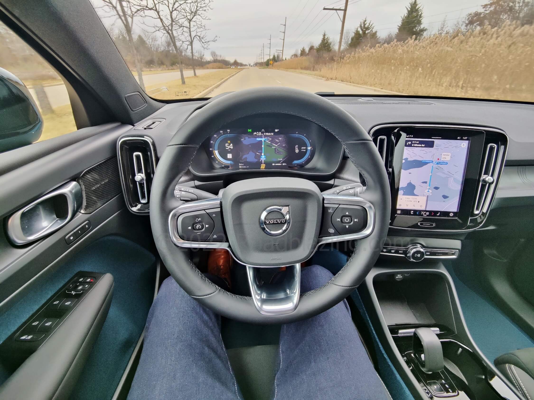 2022 Volvo C40 Recharge Twin Ultimate EV: driving with Google Maps populating in 9.0" touch portrait media display and in 12.3" TFT instrument cluster