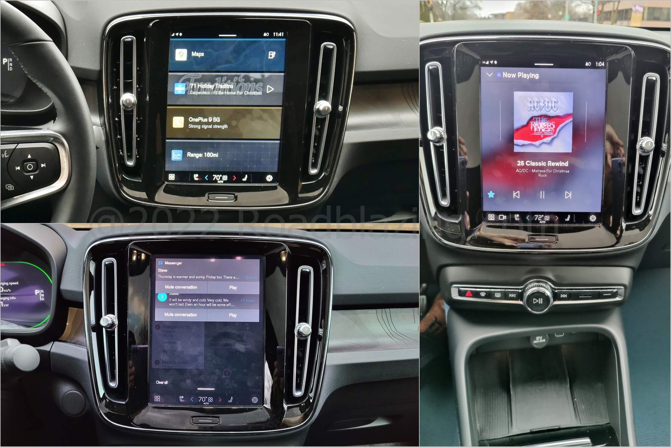 2022 Volvo C40 Recharge Twin Ultimate EV: 9.0" portrait touch LCD Android Automotive media display menu, audio apps, and SMS communication via Android Assistant