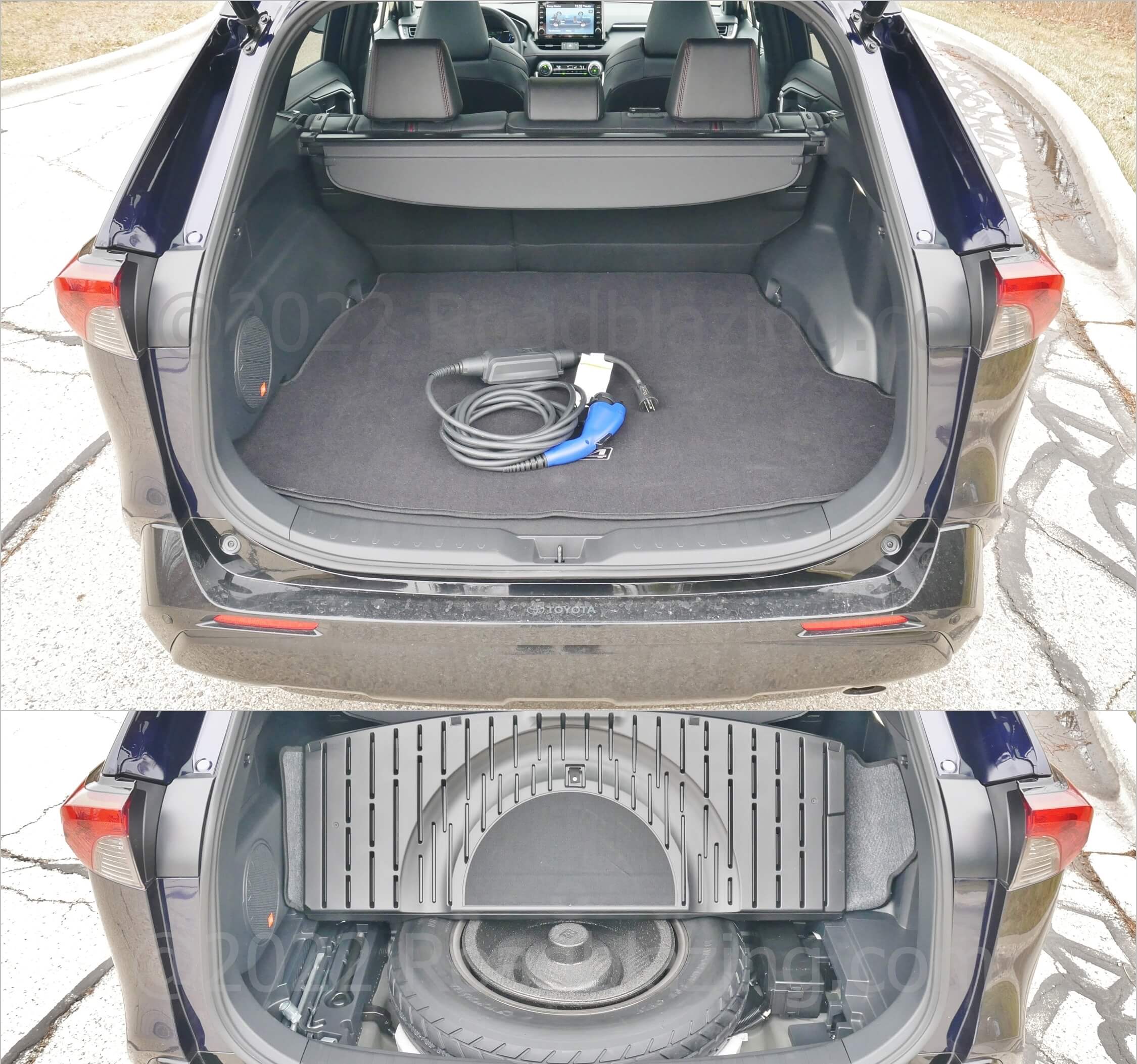 2022 Toyota RAV4 Prime XLE AWD PHEV: sub cargo floor storage for donut spare tire doesn't fit AC Wall outlet charging cable
