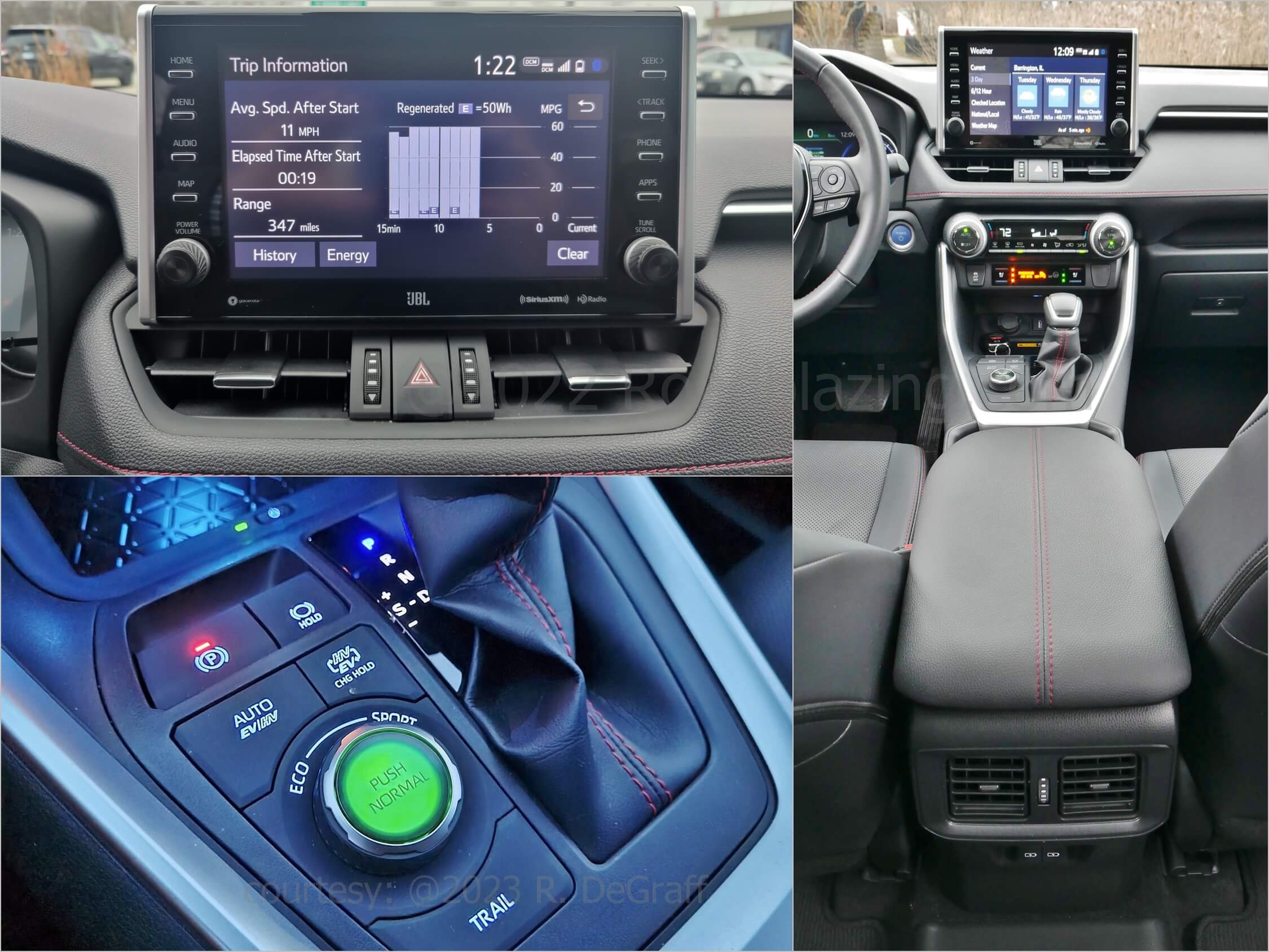 2022 Toyota RAV4 Prime XLE AWD PHEV: center console controls, aft Row 2 vents & USB power