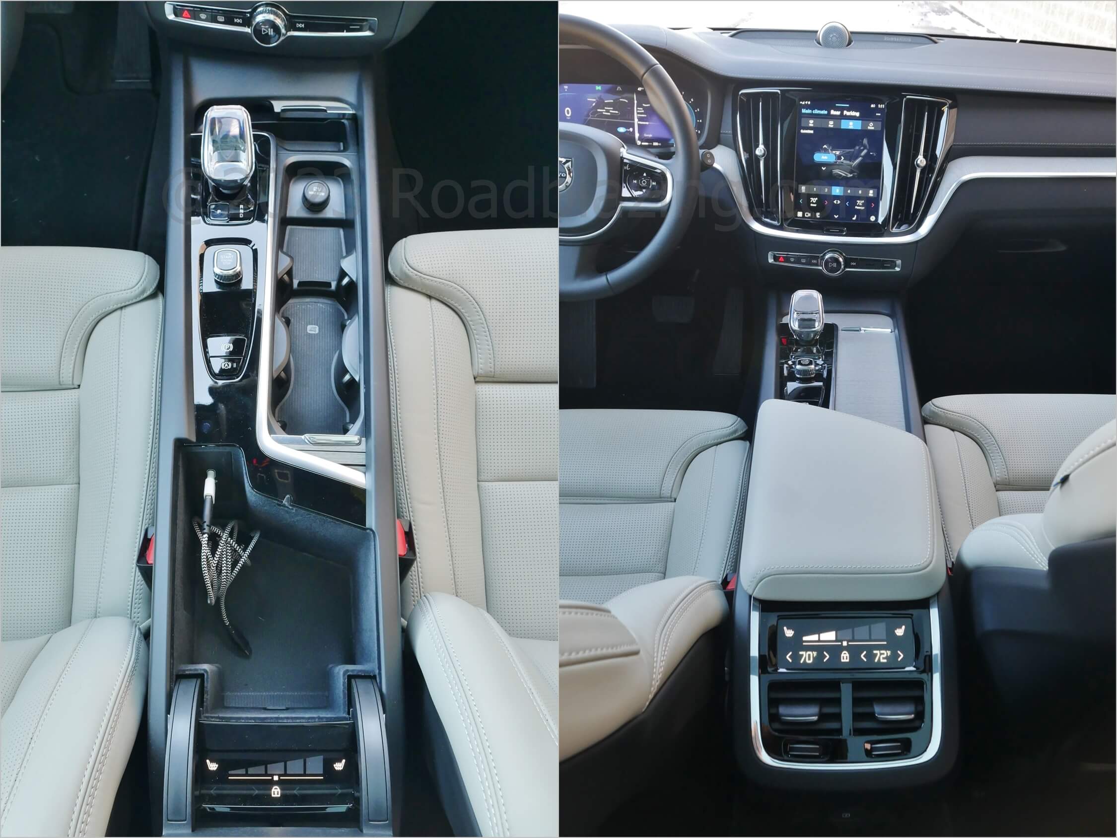 2023 Volvo V60 Cross Country B5 Ultimate AWD: center console w/ Orrefors crystal shift handle & Row 2 split touch digital climate and outboard seat heat controls