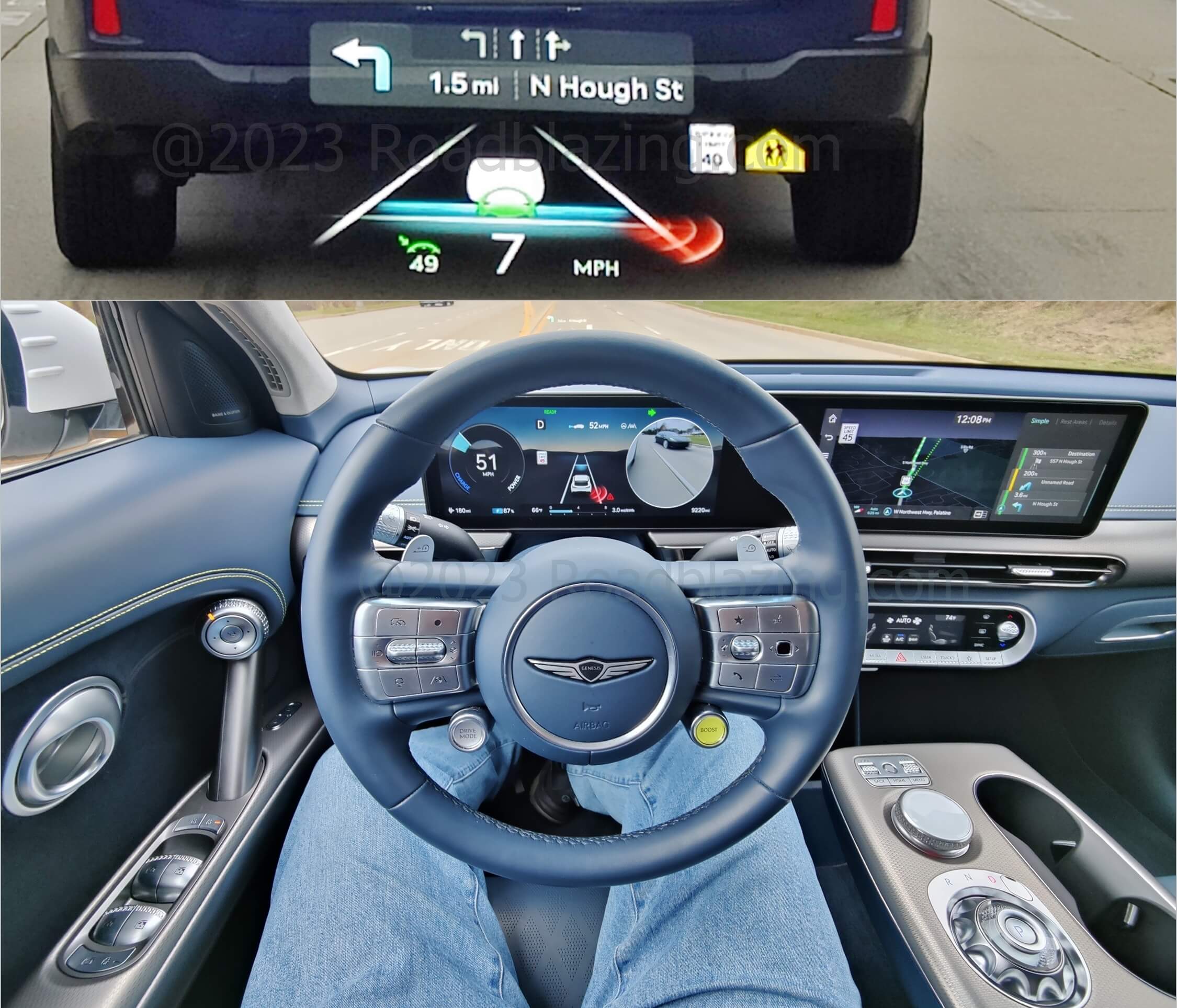 2022 Genesis GV60 Performance AWD EV: brief hands free highway driving w/ colorful augmented HUD and 12.3" TFT gauge cluster w/ blind view monitor