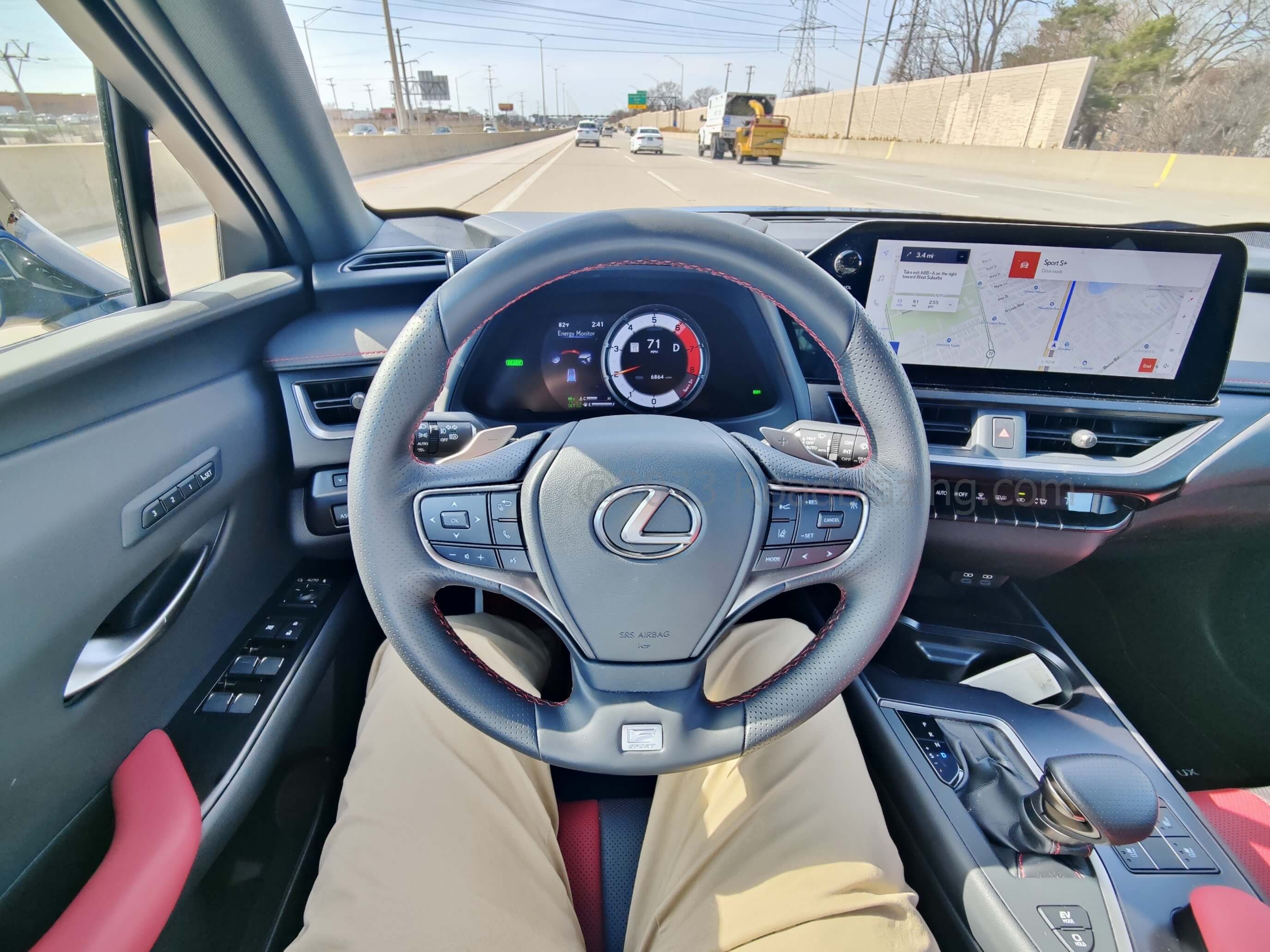 2023 Lexus UX 250 AWD F-Sport: Sport Plus mode indicated in the electric sliding gauges for enhanced throttle response and chassis tautness