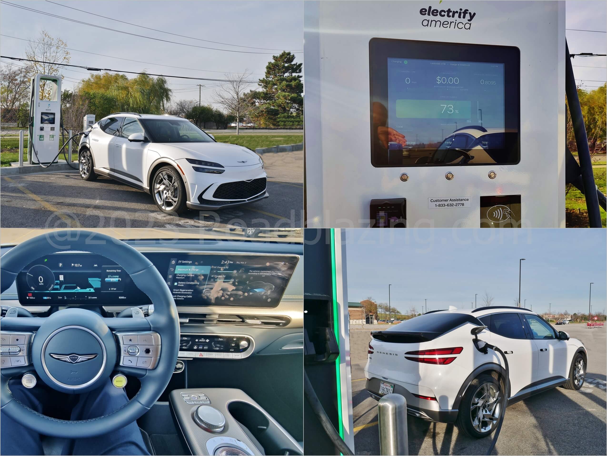 2022 Genesis GV60 Performance AWD EV: charging session at Electrify America 150 kW dispenser, Glenview, Illinois