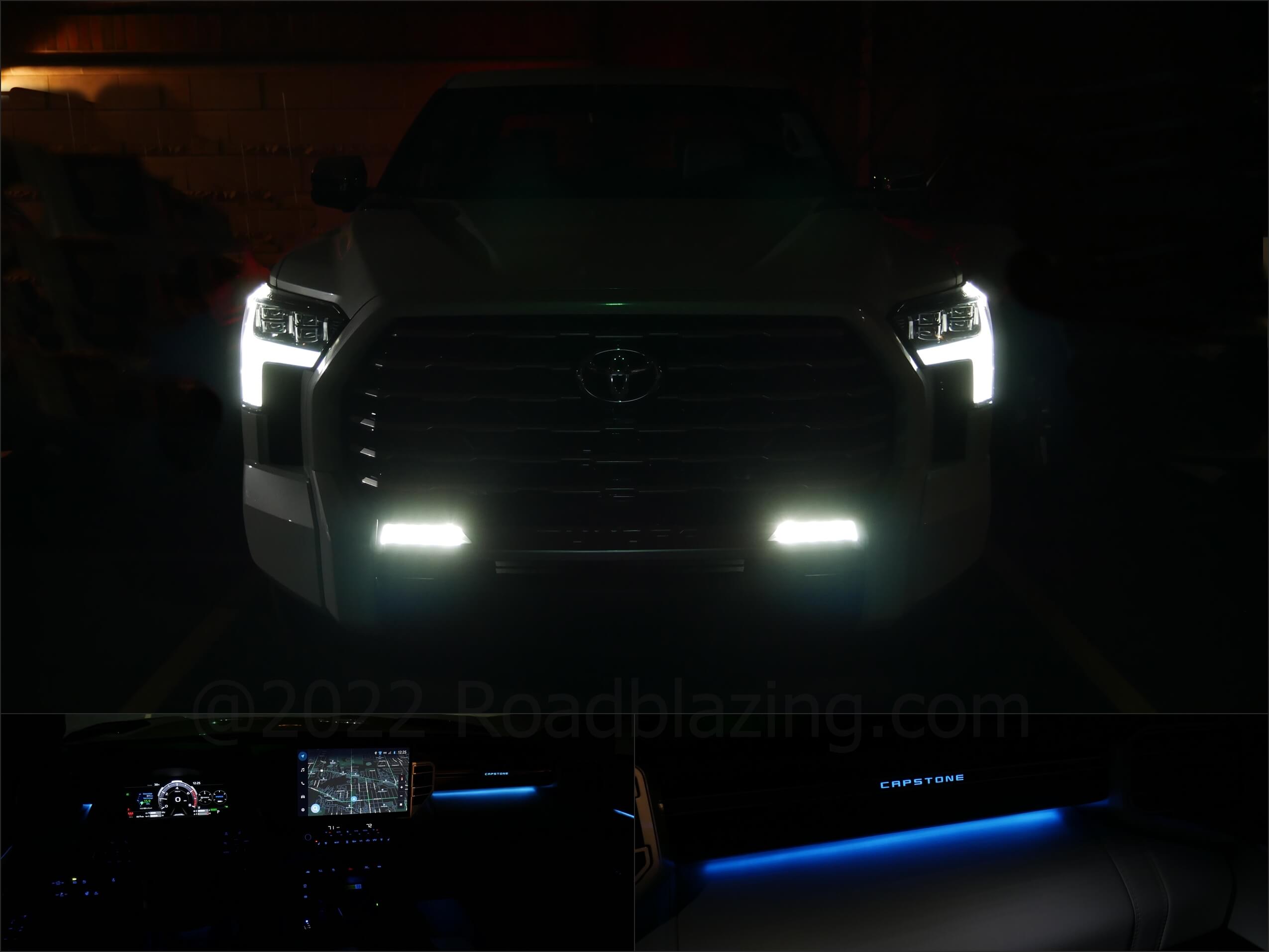 2022 Toyota Tundra CrewCab Capstone 4x4: nighttime LEDs white outside, blue inside