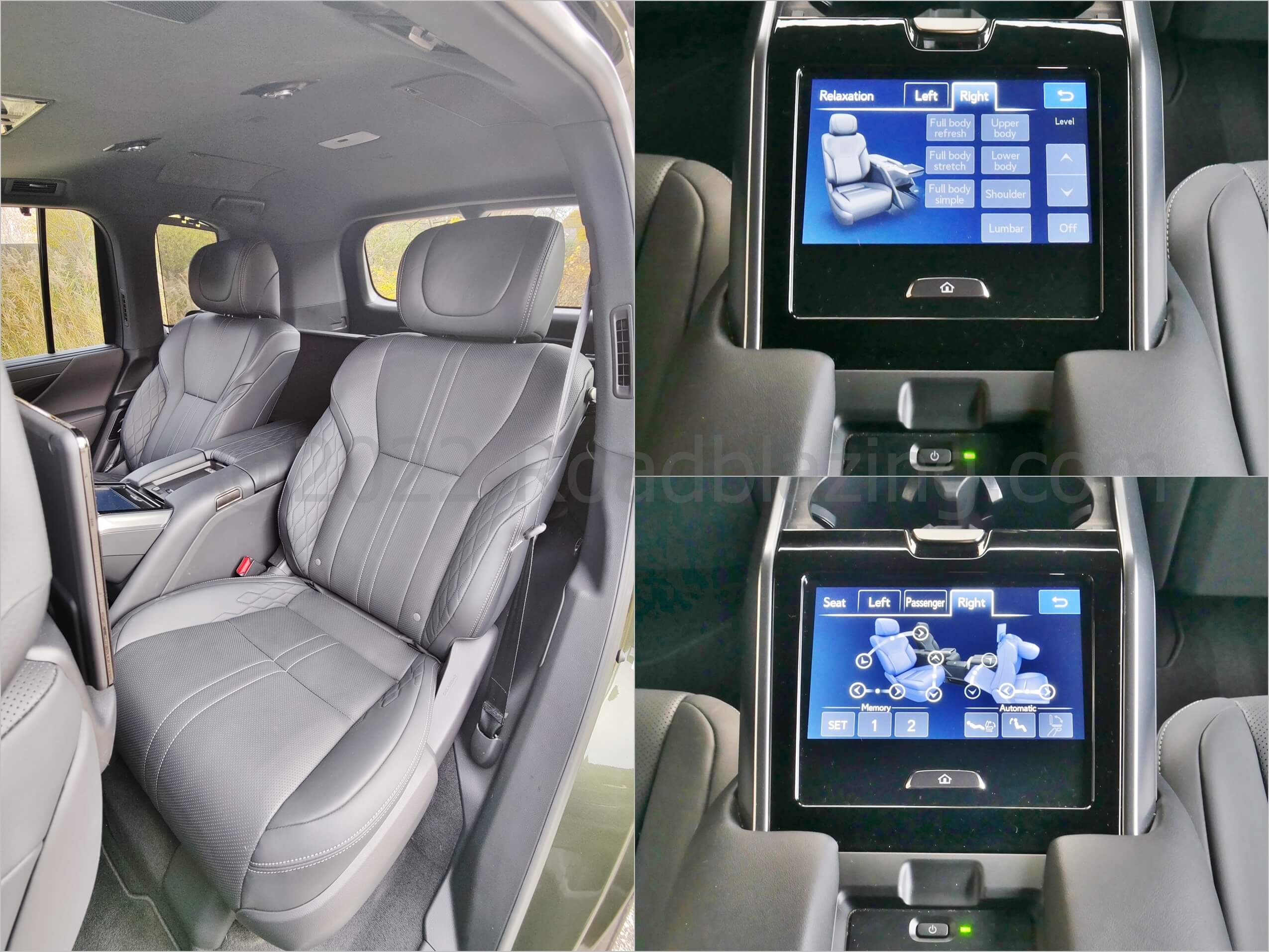 2022 Lexus LX 600 Ultra Luxury: dual 2nd row airline seats w/ center console touch LCD controlled climate, massage, recline + right pax ottoman settings.