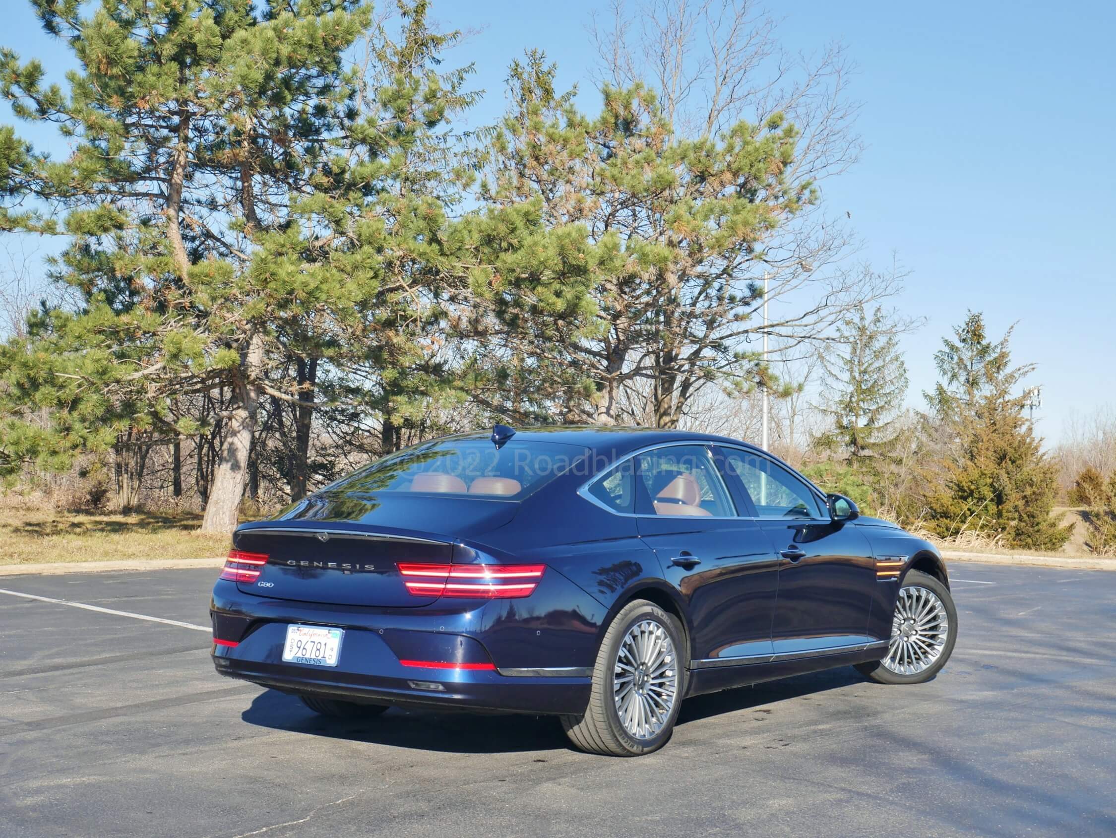 2023 Genesis Electrified G80 AWD: tandem fender & taillamp directionals remain but exhaust tailpipes are absent