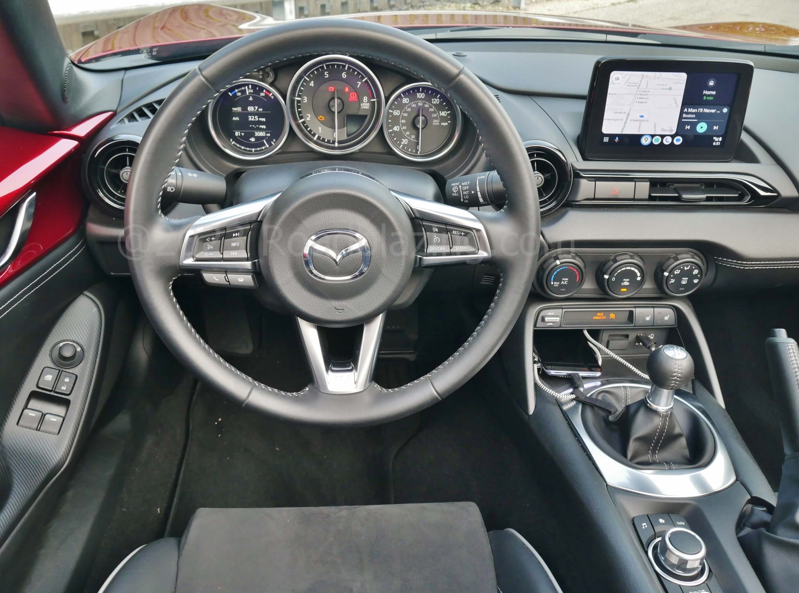 2023 Mazda MX-5 Miata RF Club: traditional motif gauges + control w/ modernity of smart phone projection