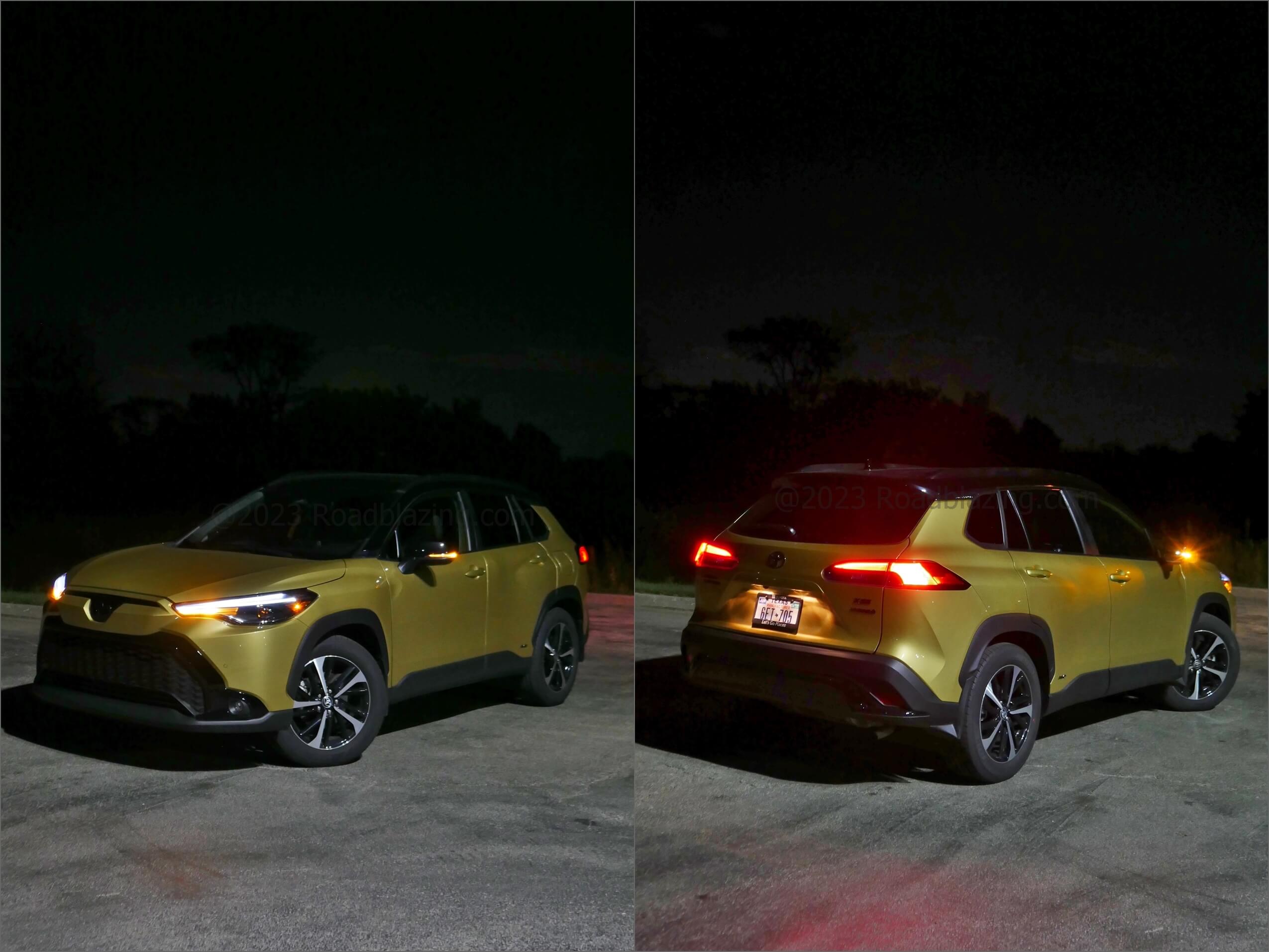 2023 Toyota Corolla Cross Hybrid XSE AWD: Acidic Blast + Jet Black two tone hue at night
