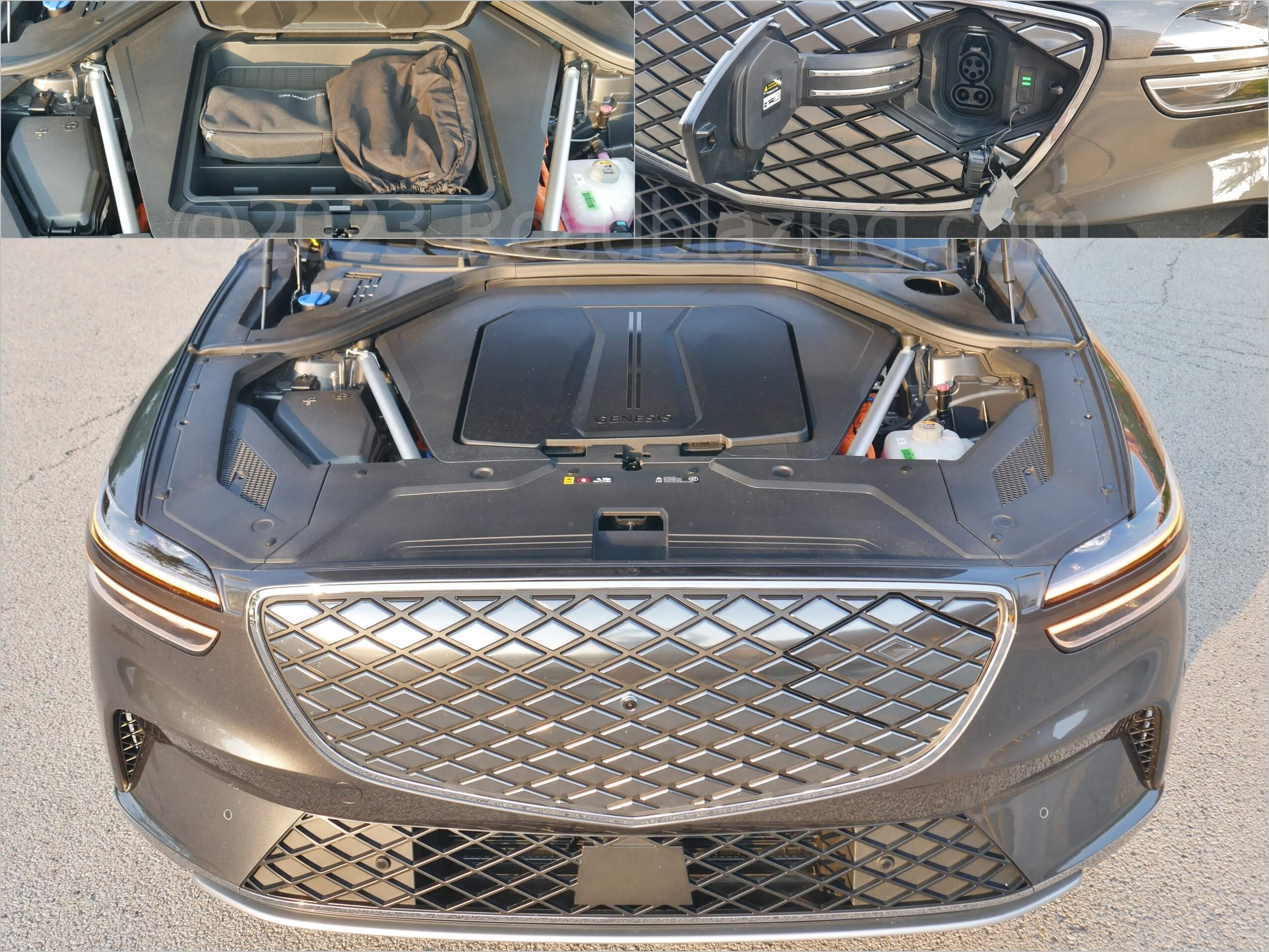 2023 Genesis Electrified GV70 AWD Prestige: under hood bay w/ frunk + blended grille charging port